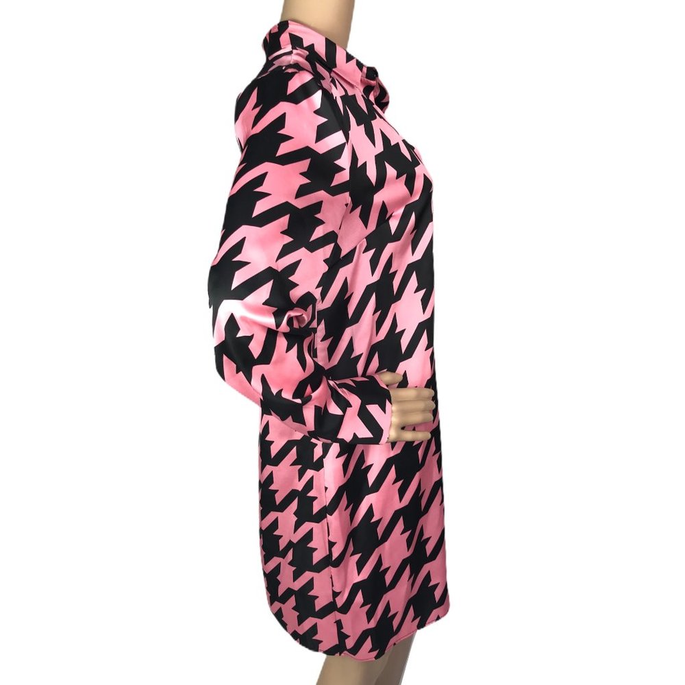 River Island Ladies Mini Dogtooth Check Swing Dress Size 10 Pink Long Sleeve - Picture 4 of 8